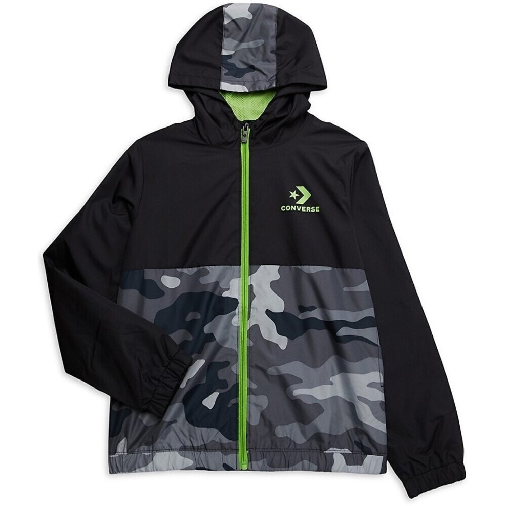 Converse Wind Jacket Kids Medium Black Camo Full Zip Hooded Long Sleeve RED120